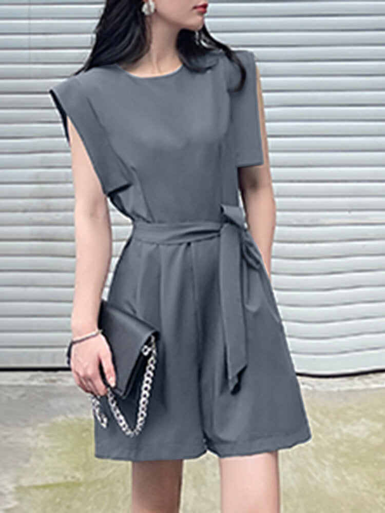 Solid Pocket Sleeveless Crew Neck  With Belt Women Romper