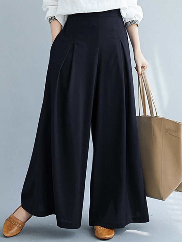 Solid Color Pleated Elastic Waist Casual Loose Wide-Leg Pants for Women