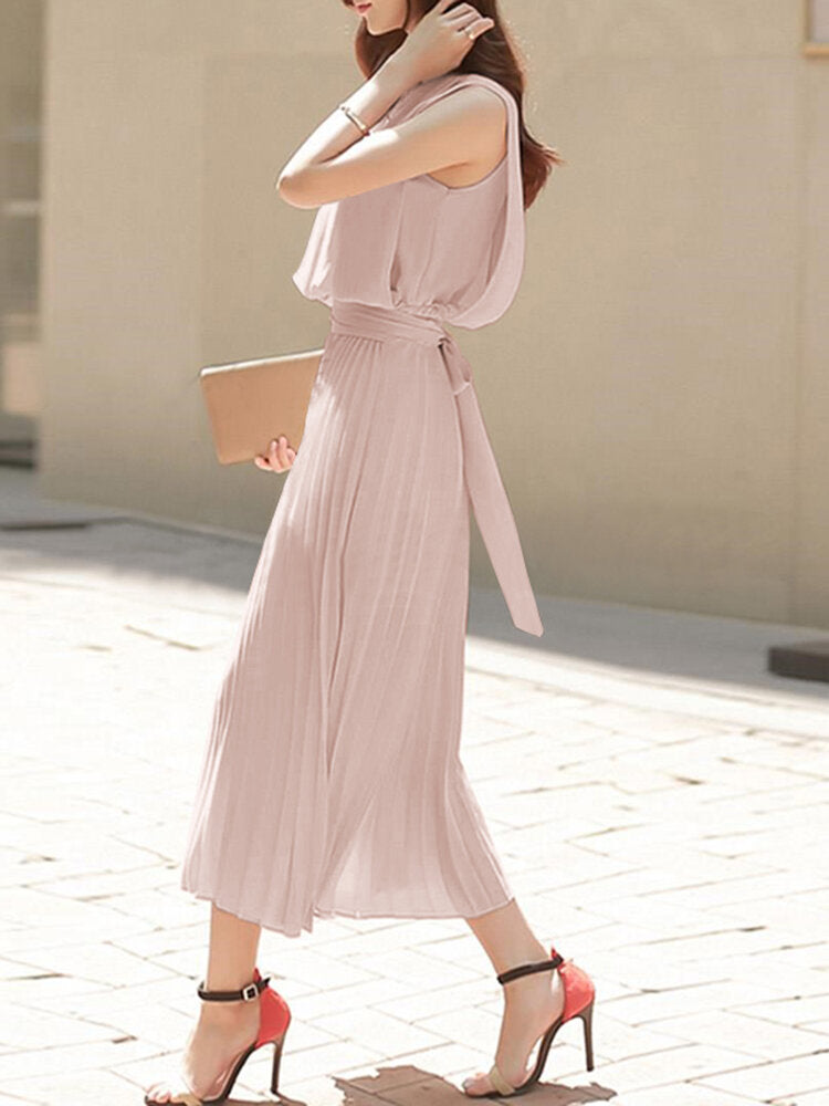 Solid Cut Out Back Pleated Sleeveless High Waist Tie Women Dress