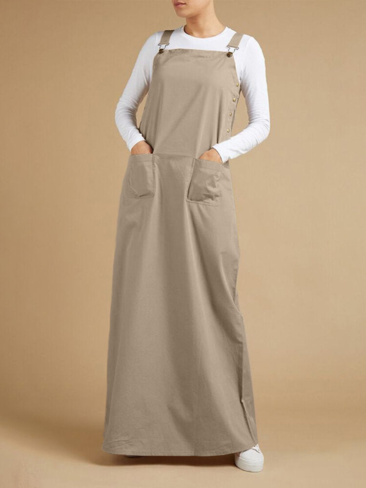 Solid Sleeveless Pocket Casual Dress For Women