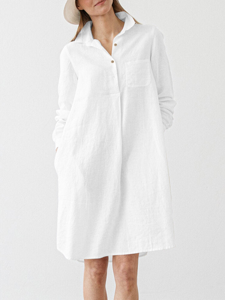 Women Solid Pocket Long Sleeve Lapel Vintage Dress