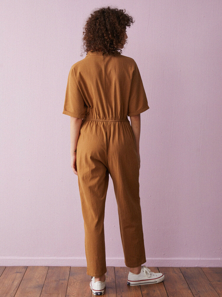 Solid Cotton Button Front Lapel Half Sleeve  Women Jumpsuits