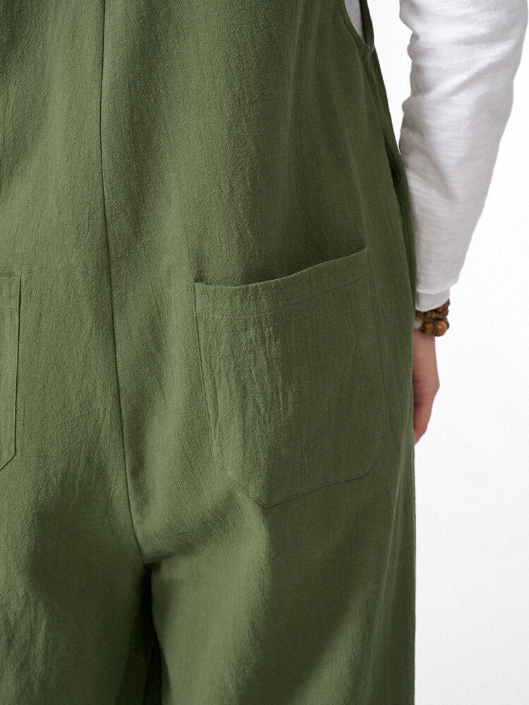 Solid Pocket Open Back Sleeveless Straight Leg  Women Jumpsuits