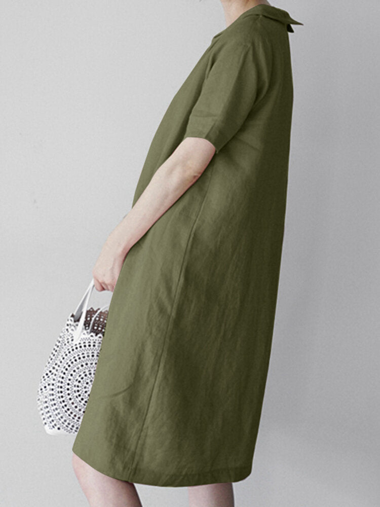 Women Solid Peter Pan Collar Short Sleeve Dress