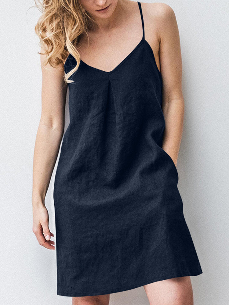Solid Pocket Spaghetti Strap Backless Dress For Women