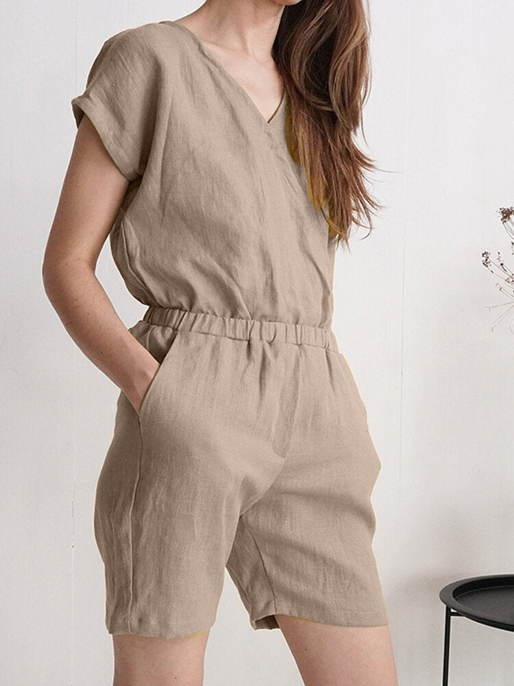 Solid Wrap V-neck Pocket Short Sleeve Casual  Women Romper