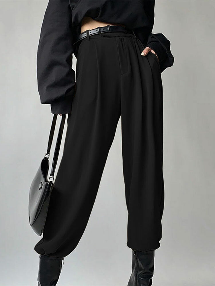 Solid Pocket Elastic Waist Back Pants For Women