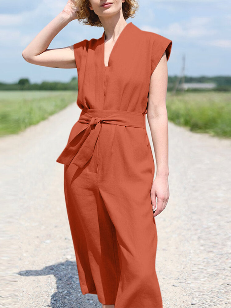 Solid Sash V Neck Pocket Sleeveless Casual Cotton  Women Jumpsuits
