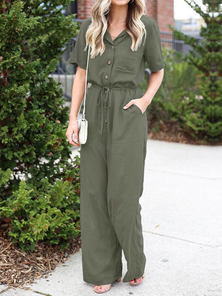 Solid Color Lapel Collar Button Short Sleeve  With Pocket Women Jumpsuits