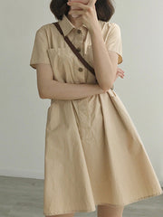 Solid Color Short Sleeve Pockets Lapel Casual Women Dress