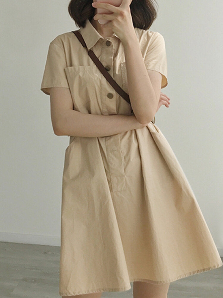 Solid Color Short Sleeve Pockets Lapel Casual Women Dress