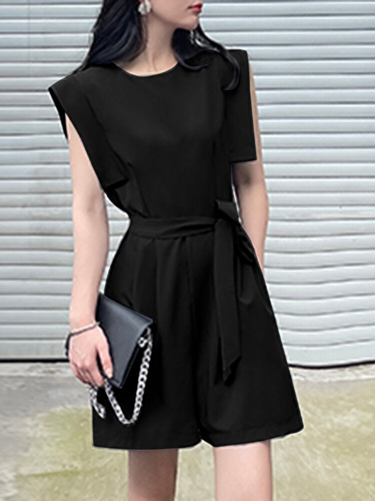 Solid Pocket Sleeveless Crew Neck  With Belt Women Romper