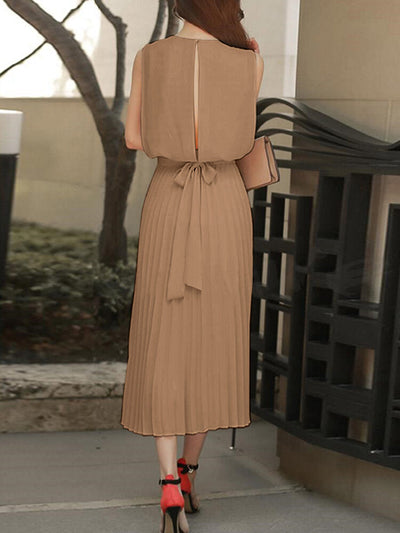 Solid Cut Out Back Pleated Sleeveless High Waist Tie Women Dress