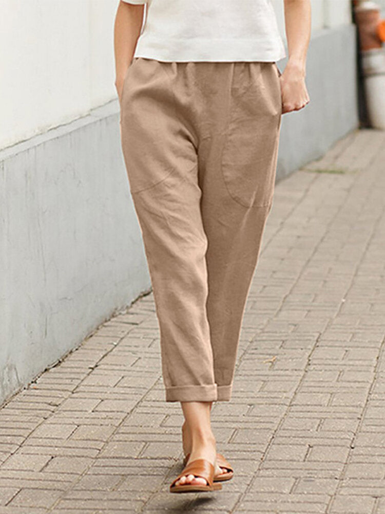 Solid Pocket Elastic Waist Casual Cotton Pants