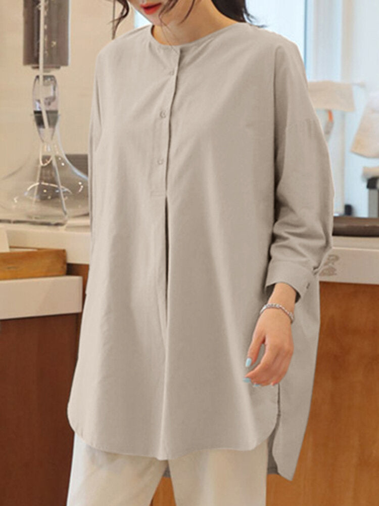 Solid High-low Hem Loose Long Sleeve Blouse