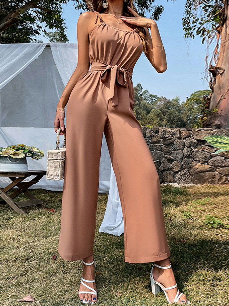 Solid Belt Tie Strap Hollow Wide Leg Jumpsuit For Women