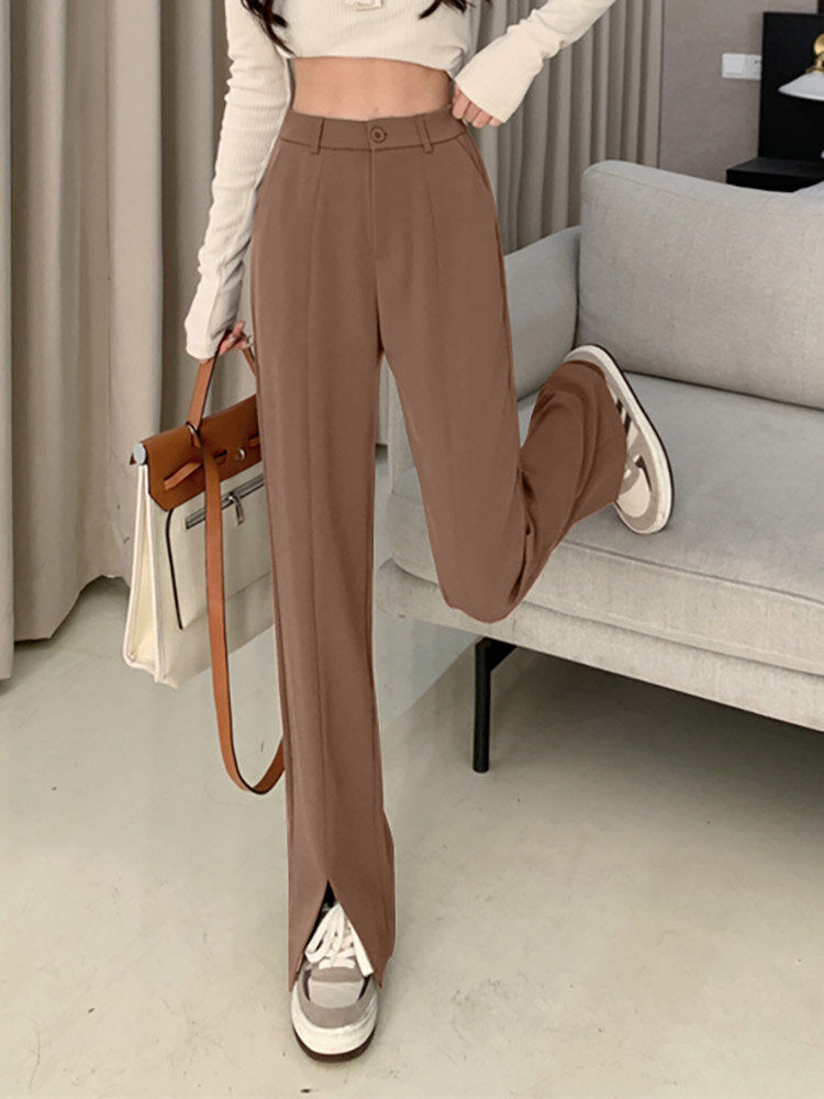 Solid High Waist Pocket Double Slit Hem Tailored Pants