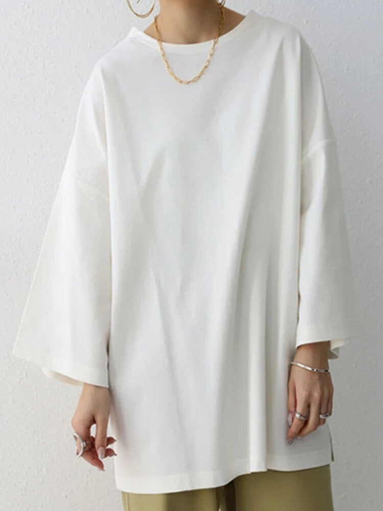 Solid Drop Shoulder Loose Crew Neck T-shirt For Women