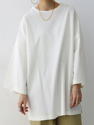 Solid Drop Shoulder Loose Crew Neck T-shirt For Women
