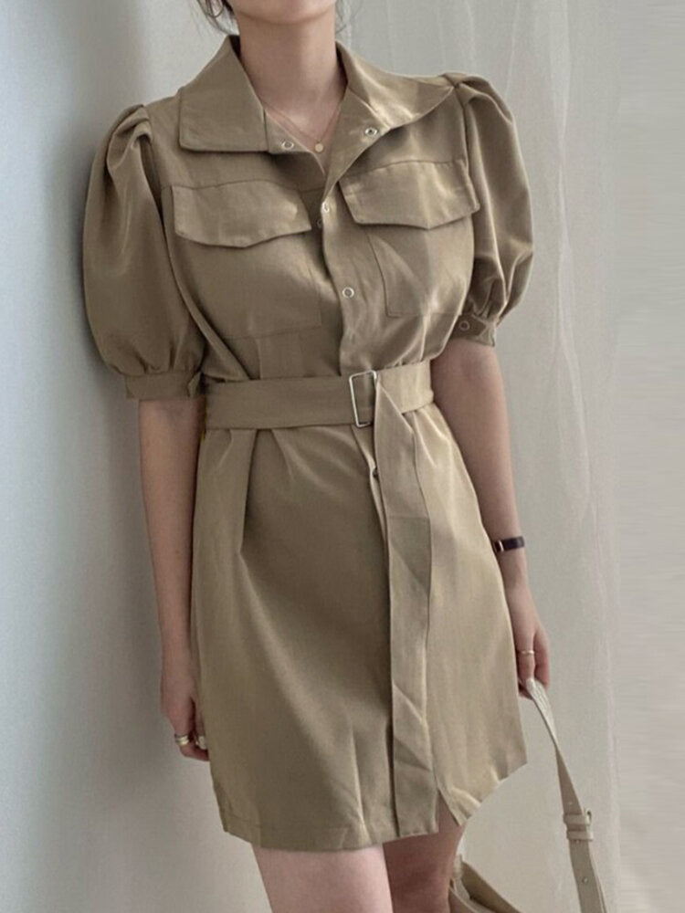Solid Puff Sleeve Lapel Button Casual  With Belt Women Dress