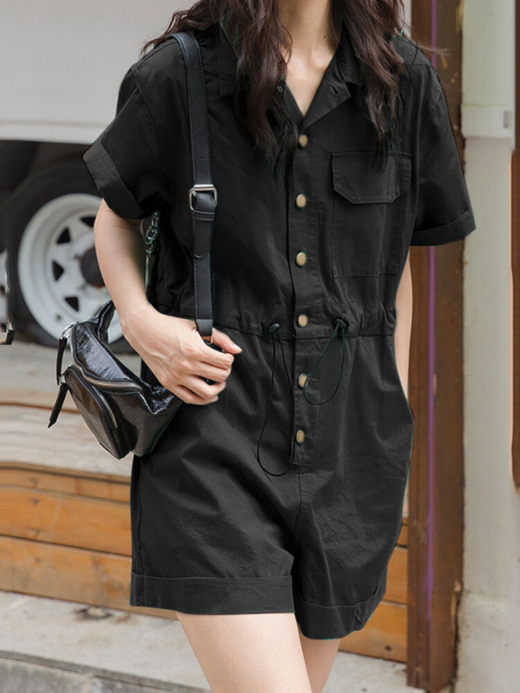 Solid Drawstring Waist Pocket Lapel Short Sleeve Cargo  Women Romper