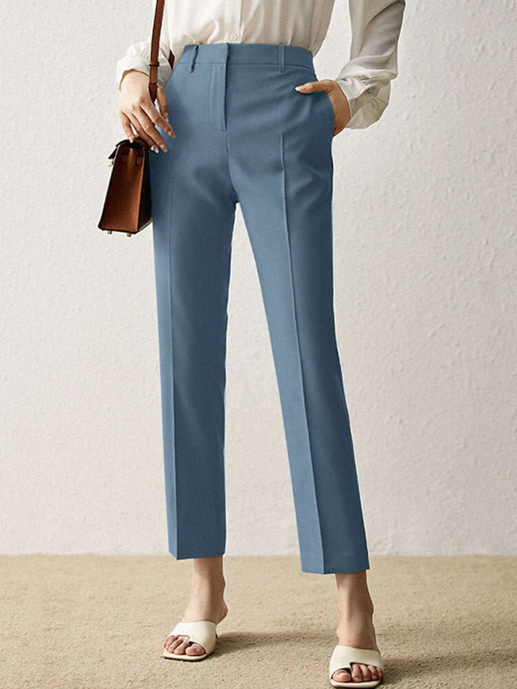 Solid Pocket Casual Zip Tailored Pants For Women