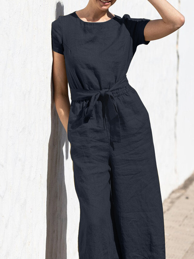Solid Color Short Sleeve O-neck Cotton Wide Leg  Women Jumpsuits