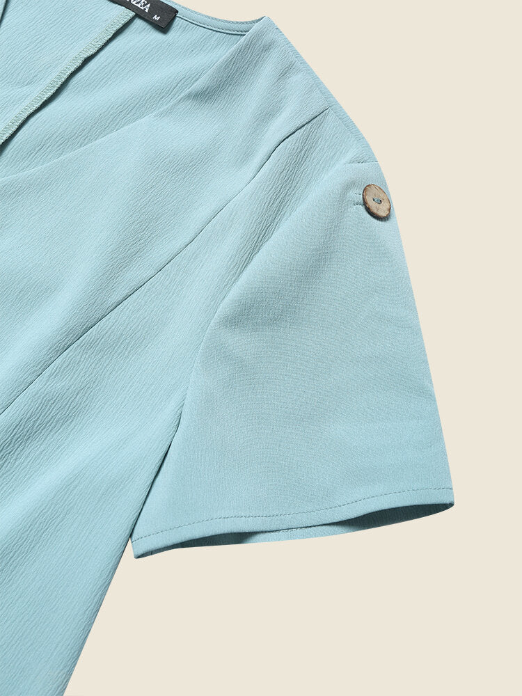 Women Solid Dual Pocket V-neck Short Sleeve Dress