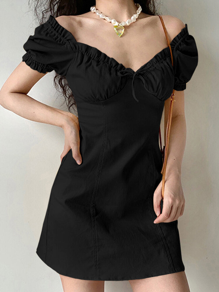 Solid Puff Sleeve Tie Front Lettuce Edge  Women Dress