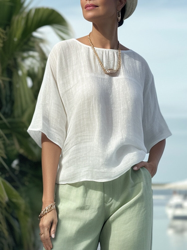 Women Solid Crew Neck Cotton Casual Half Sleeve Blouse