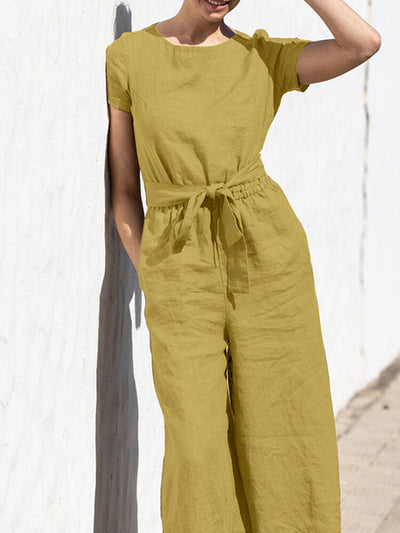 Solid Color Short Sleeve O-neck Cotton Wide Leg  Women Jumpsuits