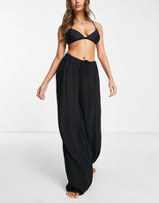 Drawstring palazzo beach pants in black