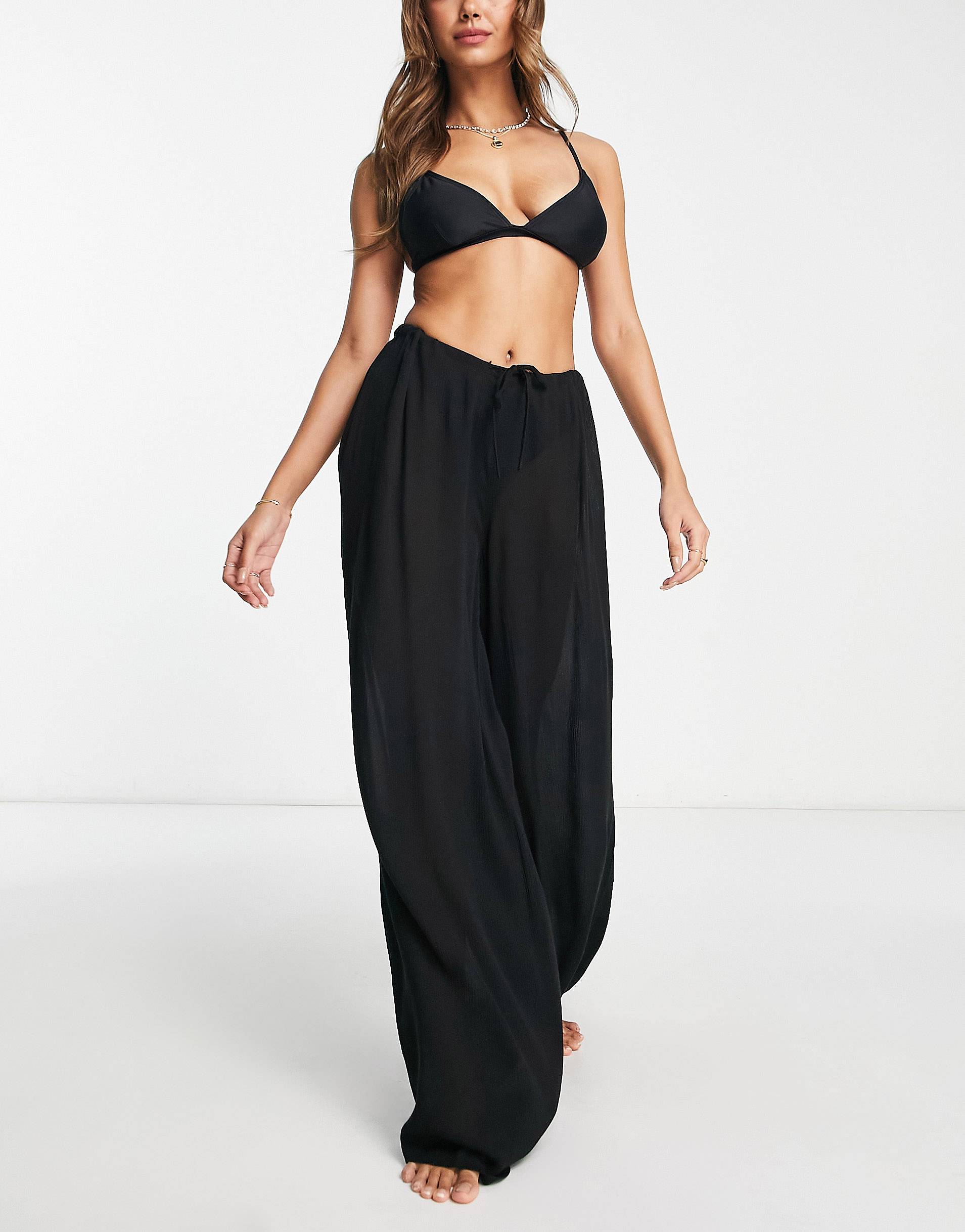 Drawstring palazzo beach pants in black