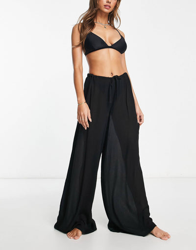 Drawstring palazzo beach pants in black