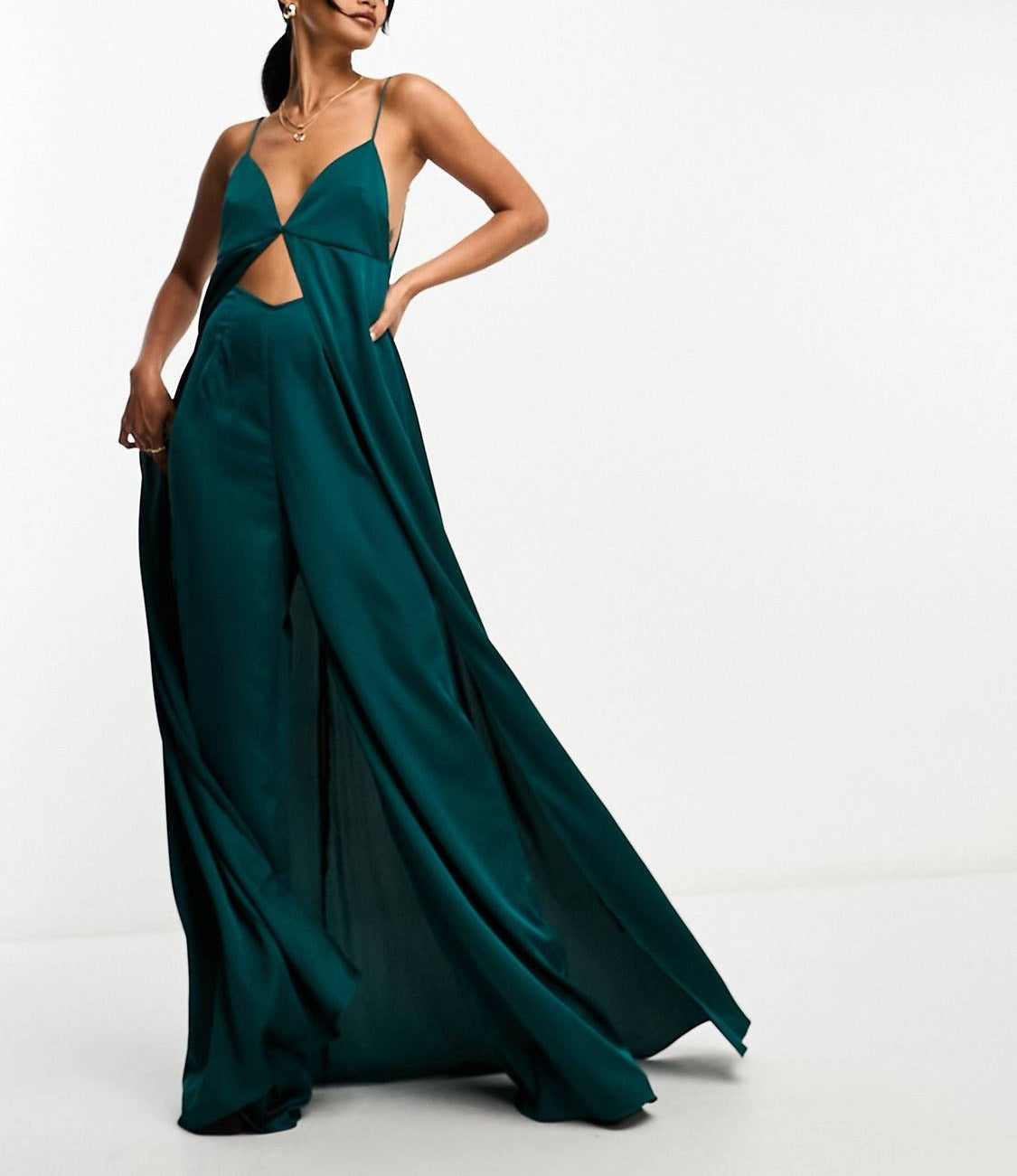 Satin cami jumpsuit with cut out and cape overlay detail in green for women