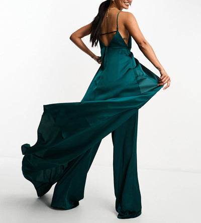Satin cami jumpsuit with cut out and cape overlay detail in green for women