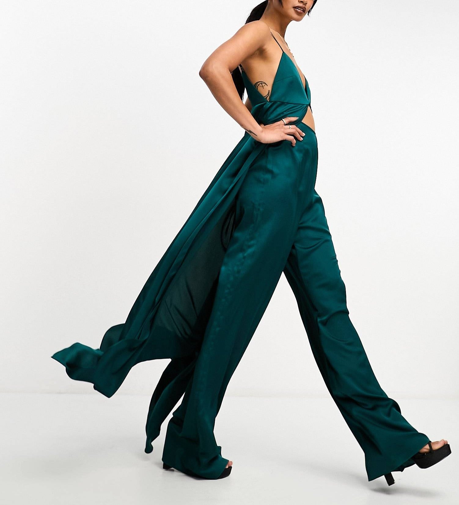 Satin cami jumpsuit with cut out and cape overlay detail in green for women