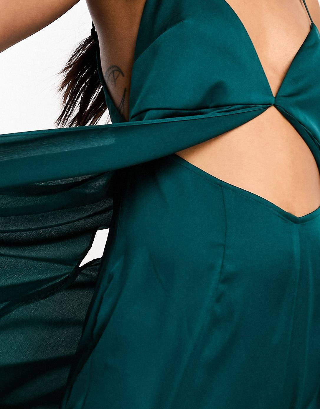 Satin cami jumpsuit with cut out and cape overlay detail in green for women