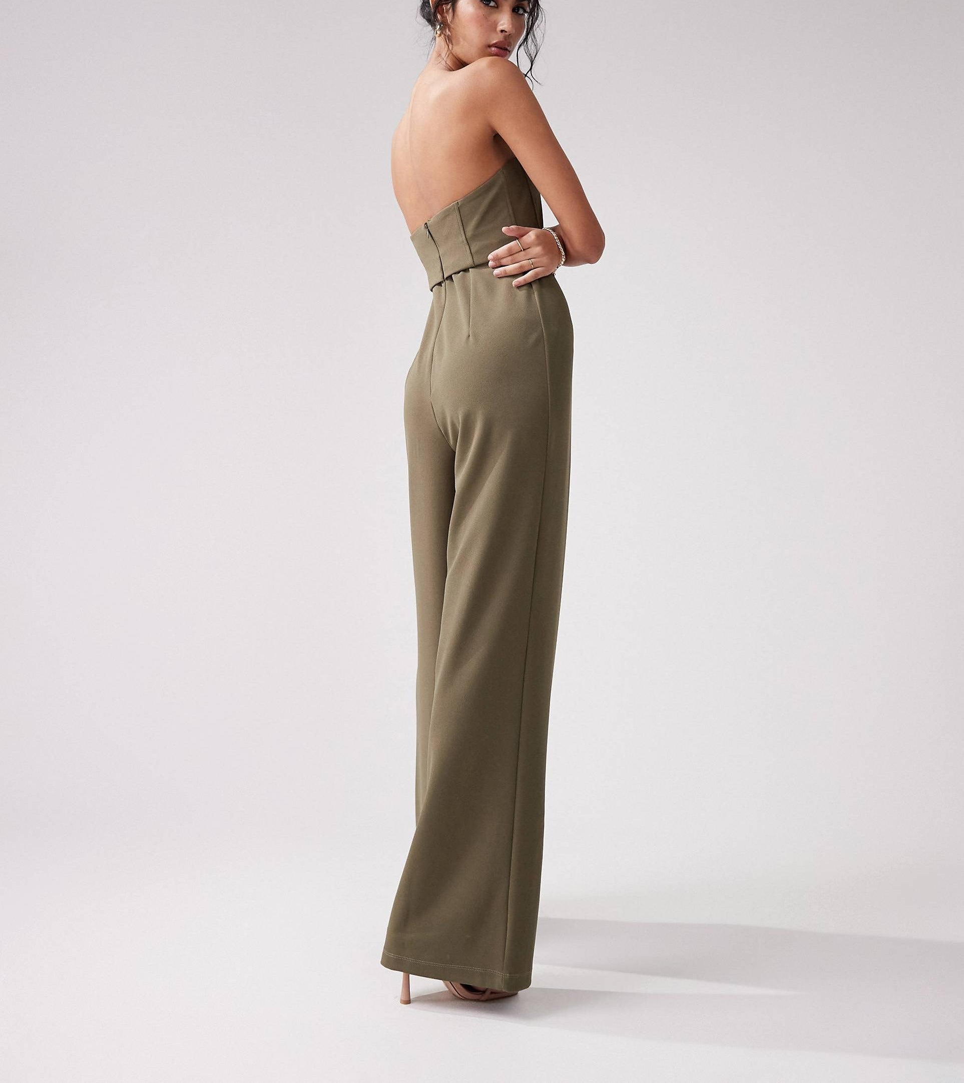 Bandeau corset wide leg jumpsuit in khaki for Women
