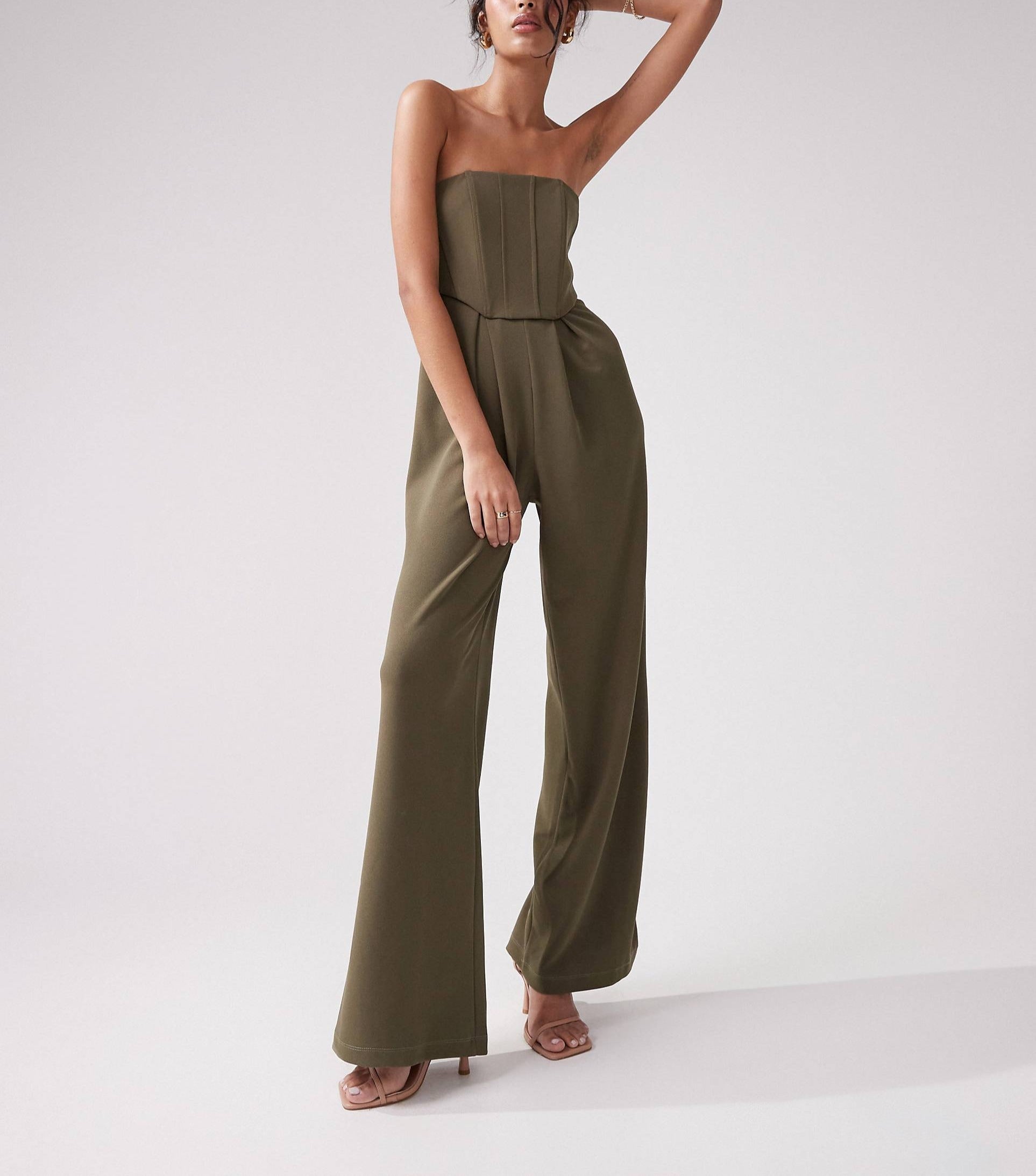 Bandeau corset wide leg jumpsuit in khaki for Women