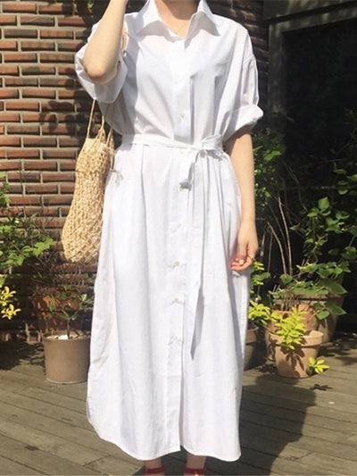 Solid Button Long Sleeve Lapel With Belt Women Dress