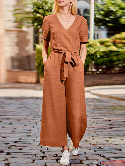 Solid Sash Pocket V Neck Casual  Women Jumpsuits