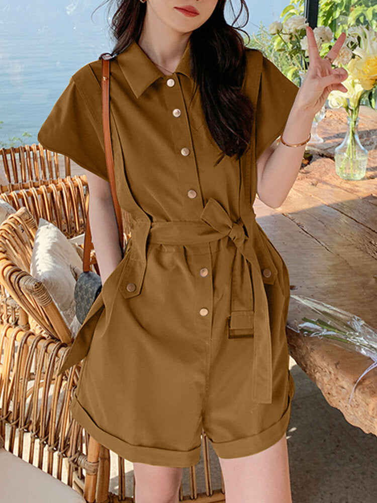 Solid Belt Button Front Pocket Short Sleeve Lapel Cargo  Women Romper