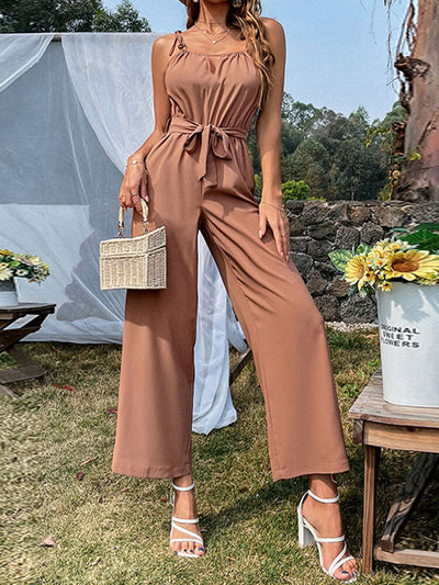 Solid Belt Tie Strap Hollow Wide Leg Jumpsuit For Women