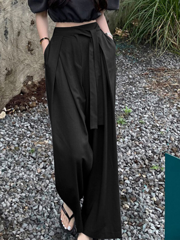 Solid Pocket Belt Wide Leg Pants For Women