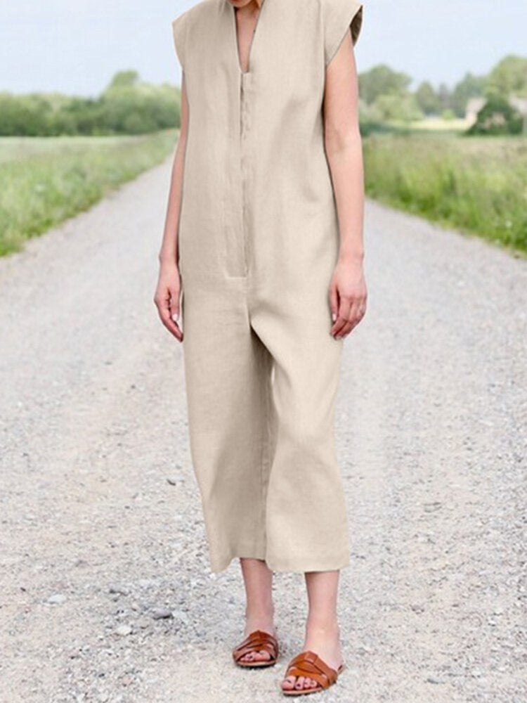 Solid Sash V Neck Pocket Sleeveless Casual Cotton  Women Jumpsuits
