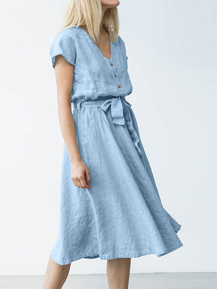 Short Sleeve Midi Dress with Belt and Pockets for Women