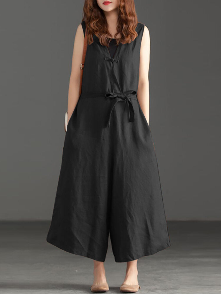 Women V-neck Belted Flare Overalls Jumpsuits