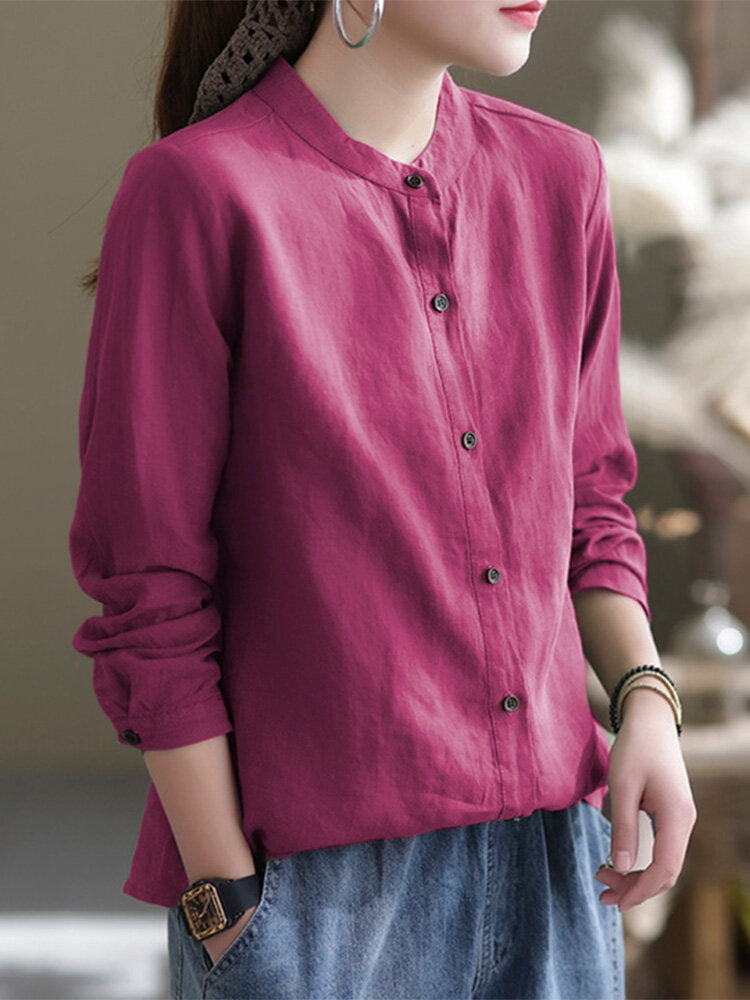 Solid Stand Collar Button Front Long Sleeve Blouse