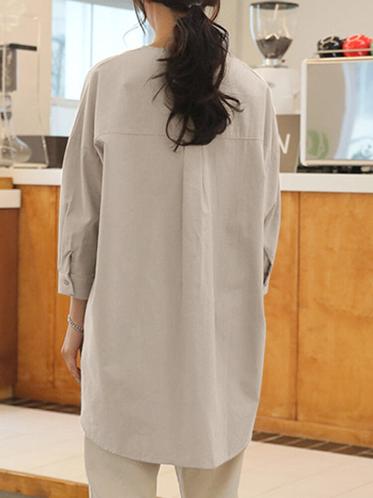 Solid High-low Hem Loose Long Sleeve Blouse